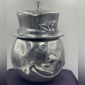 2pc Hand Crafted Silver Metal Snowman w/ Removable Hat: Ice Bucket or Cookie Jar